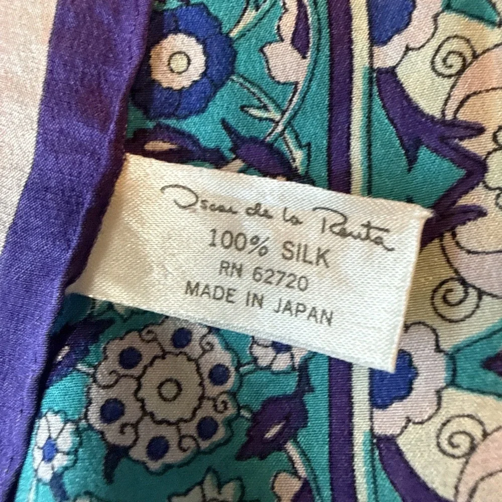 VTG Oscar de la Renta Silk Scarf Japan RN 62720 Teal Purple Floral Square Flaw